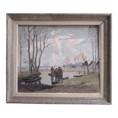 a picture of a painting of a man and a woman on a boat