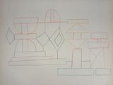 un dessin sur le mur d'un immeuble sur lequel sont représentées des formes géométriques