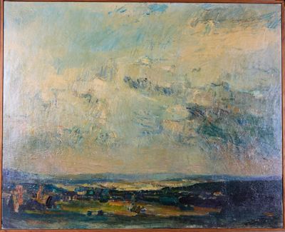 une peinture à l'huile représentant un paysage avec un ciel et des nuages en arrière-plan