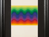 a painting of a rainbow colored wave pattern in a black frame