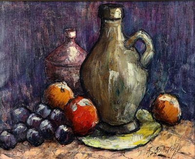un tableau représentant un vase et des fruits posés sur une table