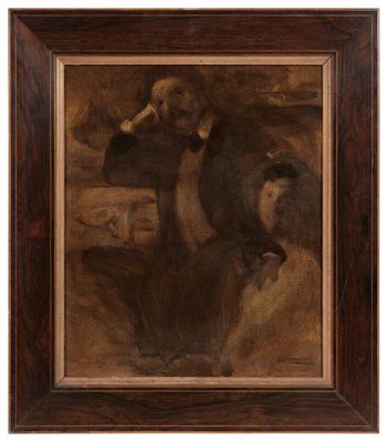 une peinture à l'huile représentant un homme et un chien dans un environnement boisé