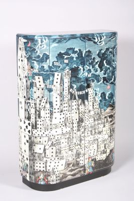 a picture of a box with a picture of a city on it