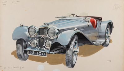 une image représentant un dessin d'une voiture de collection avec un siège rouge