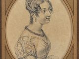a drawing of a woman in a dress with a tia on her head