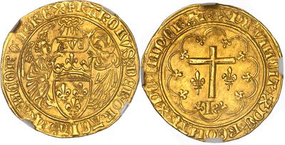 a gold coin with a cross on the front and a shield on the back