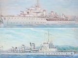 deux tableaux représentant un grand navire sur l'eau et un bateau plus petit sur l'eau