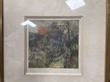 framed picture of a landscape with a red balloon in a gold frame