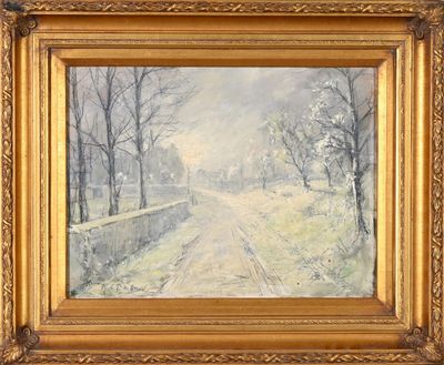 a painting of a road with trees and a fence in the background