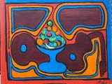 tableau représentant un bol de fruits posé sur une table, dans lequel se trouve une guitare