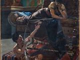 an image of a painting of a man and a woman on a boat