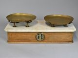 pair of antique brass scale on marble base with wooden base