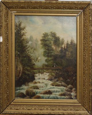 une peinture à l'huile représentant une rivière avec un pont au milieu