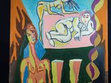 un tableau représentant une femme et un homme posés sur une table