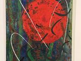 abstract painting of a red sun on a green background