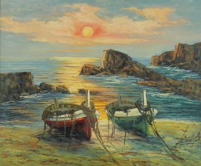Ecole du XXe. Les barques au coucher de soleil. Huile sur to…