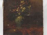 tableau représentant un vase de fleurs posé sur une table recouverte d'une nappe rouge