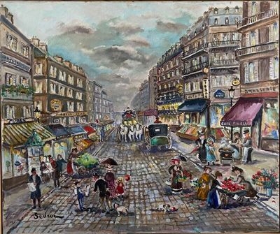 tableau représentant une rue animée de la ville, avec des gens qui se promènent et font leurs courses