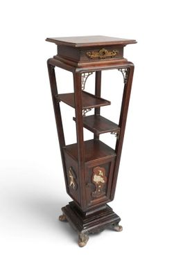 an image of a tall wooden shelf with a clock on top of it