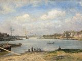 a painting of a river scene with boats on the water