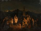 an image of a painting of a group of people standing around a fire