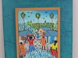 tableau représentant un groupe de personnes sur une plage, avec des palmiers en arrière-plan