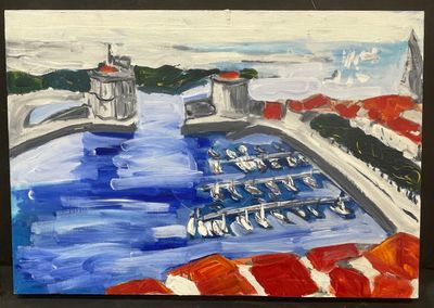 une peinture d'un port avec des bateaux dans l'eau