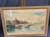 peinture d'un pont sur une rivière avec un bâtiment en arrière-plan