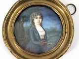 portrait d'une femme en robe bleue tenant un livre, dans un cadre doré