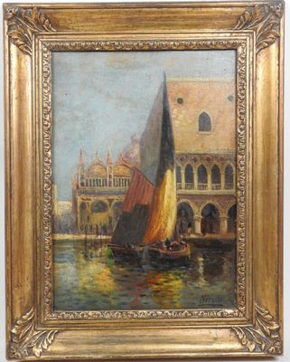 une peinture à l'huile représentant un voilier sur une rivière, avec un bâtiment en arrière-plan