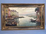 an oil painting of boats in a harbor with buildings in the background