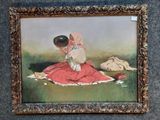 tableau représentant une femme en robe rouge assise sur une couverture