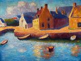 an oil painting of a harbor scene with boats in the water