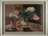 a painting of flowers in a vase on a table