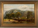 une peinture à l'huile représentant des vaches au bord d'une rivière, avec une montagne en arrière-plan