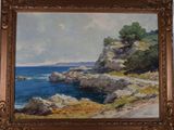 une peinture à l'huile représentant une côte rocheuse avec une falaise en arrière-plan