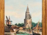 tableau représentant une vue d'un port avec des bateaux et une église en arrière-plan