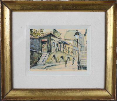 une image d'une peinture représentant une scène de rue dans un cadre doré