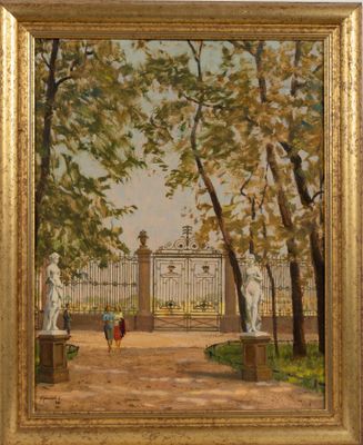 une peinture représentant une peinture d'un jardin avec des statues et des arbres