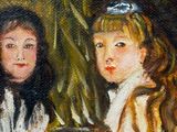 painting of two young girls sitting at a table with a plate of food