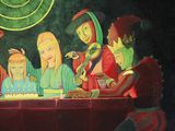 a painting of a group of people sitting at a table