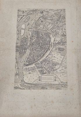 une vieille carte d'une ville traversée par une rivière
