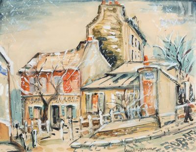 une peinture d'un bâtiment avec une tour d'horloge en arrière-plan
