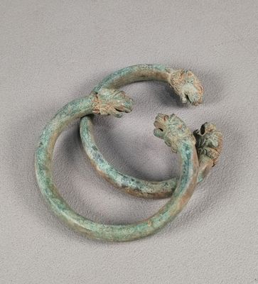paire de bracelets en bronze ornés de lézards sur un fond blanc