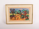 painting hanging on the wall of a room with a white wall