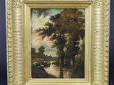 un tableau représentant un paysage avec une rivière et des arbres, dans un cadre doré