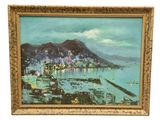 une peinture à l'huile représentant une vue d'un port avec des bateaux sur l'eau