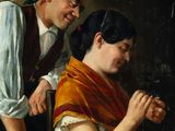 a painting of a man and a woman sitting on a chair