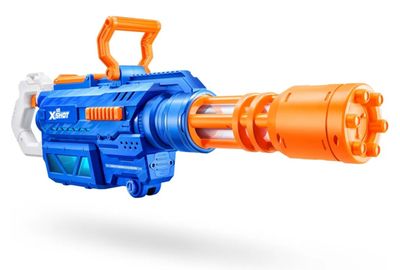 a toy gun with an orange and blue handle on a white background