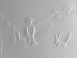 a close up of a white plate with a drawing on it